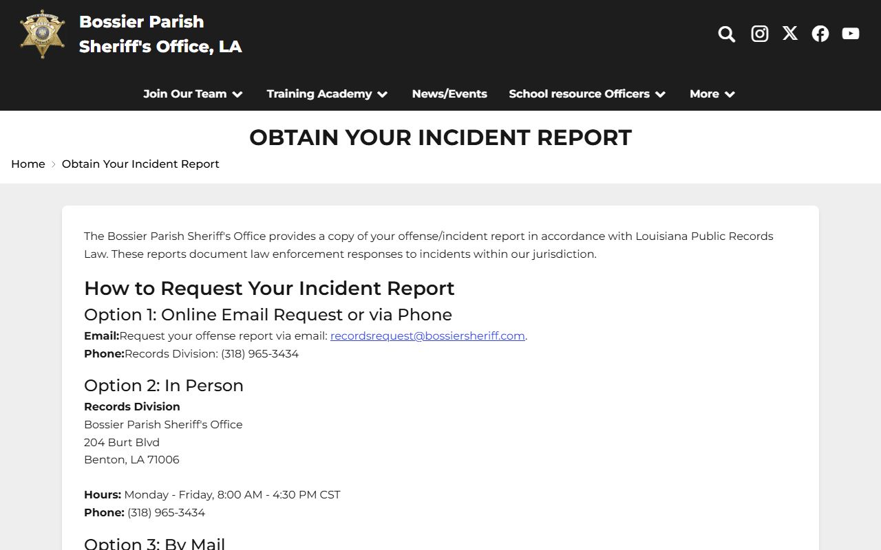 Bossier Parish arrest records sheriff incident report request