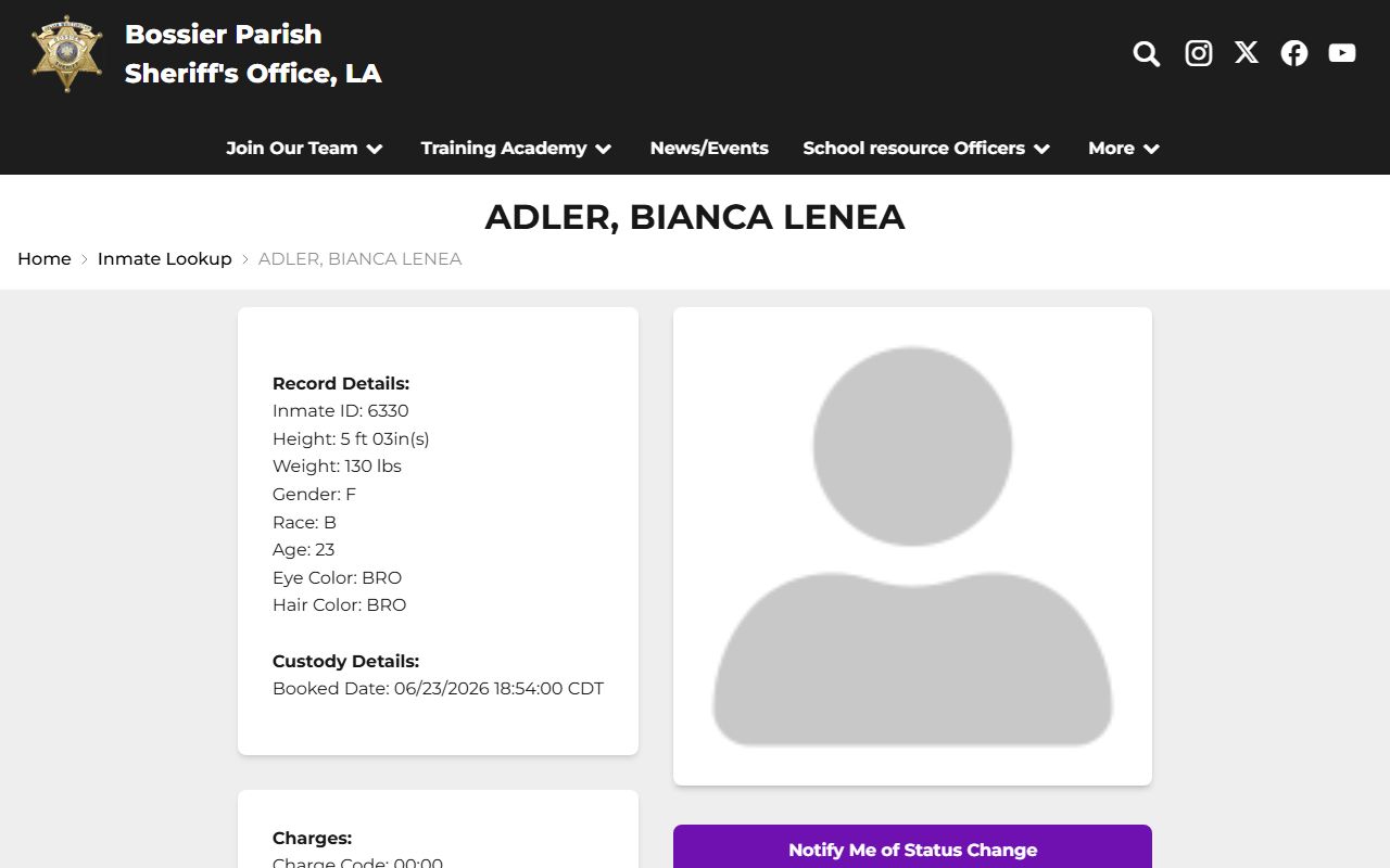 Bossier Parish arrest records sample inmate profile and charge codes