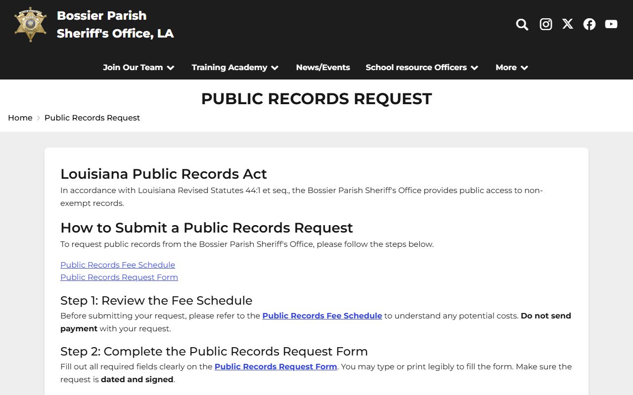 Bossier Parish arrest records sheriff public records request