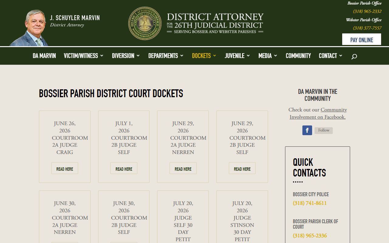 Bossier Parish court dockets DA docket page
