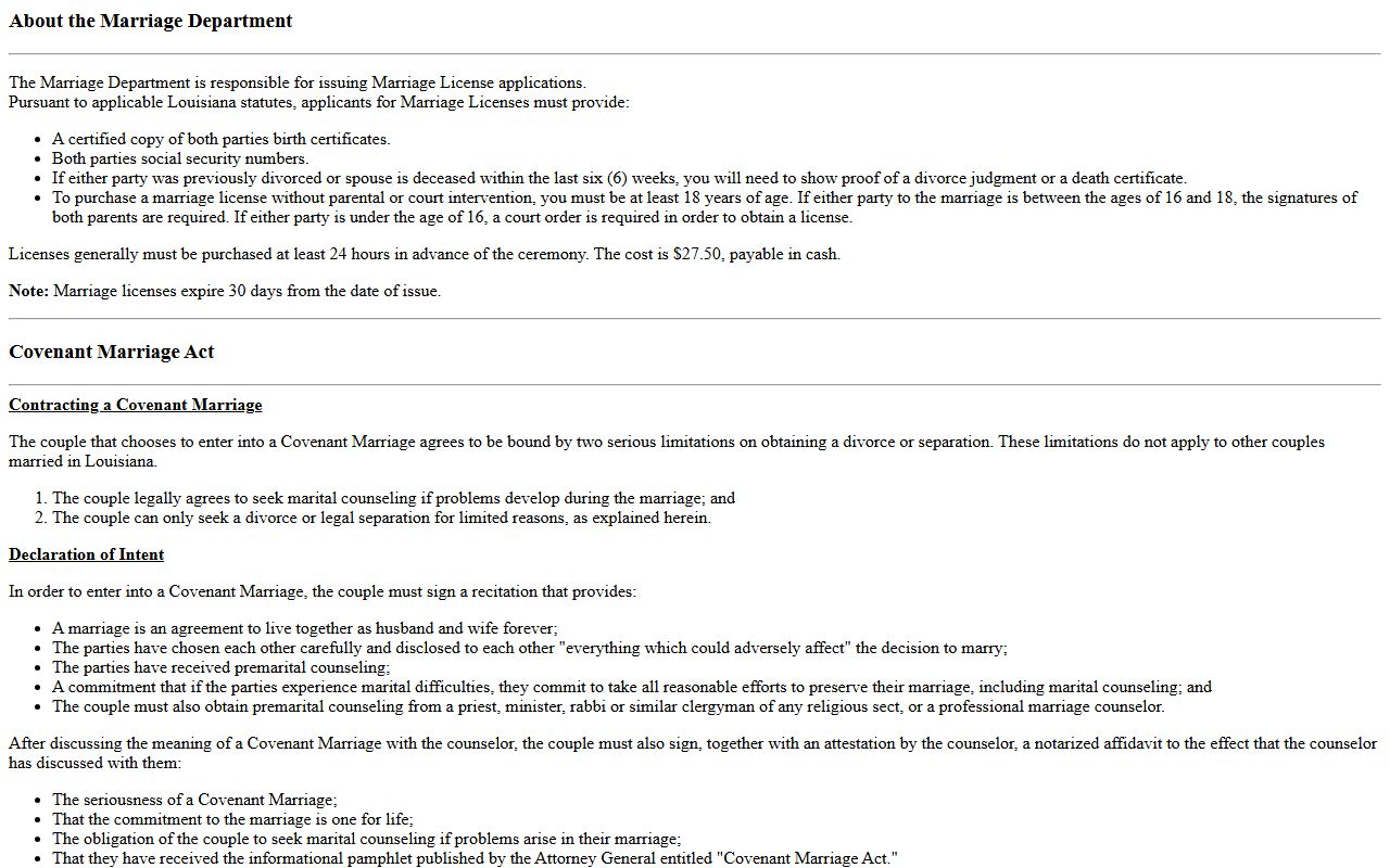 Bossier Parish marriage records clerk marriage department requirements