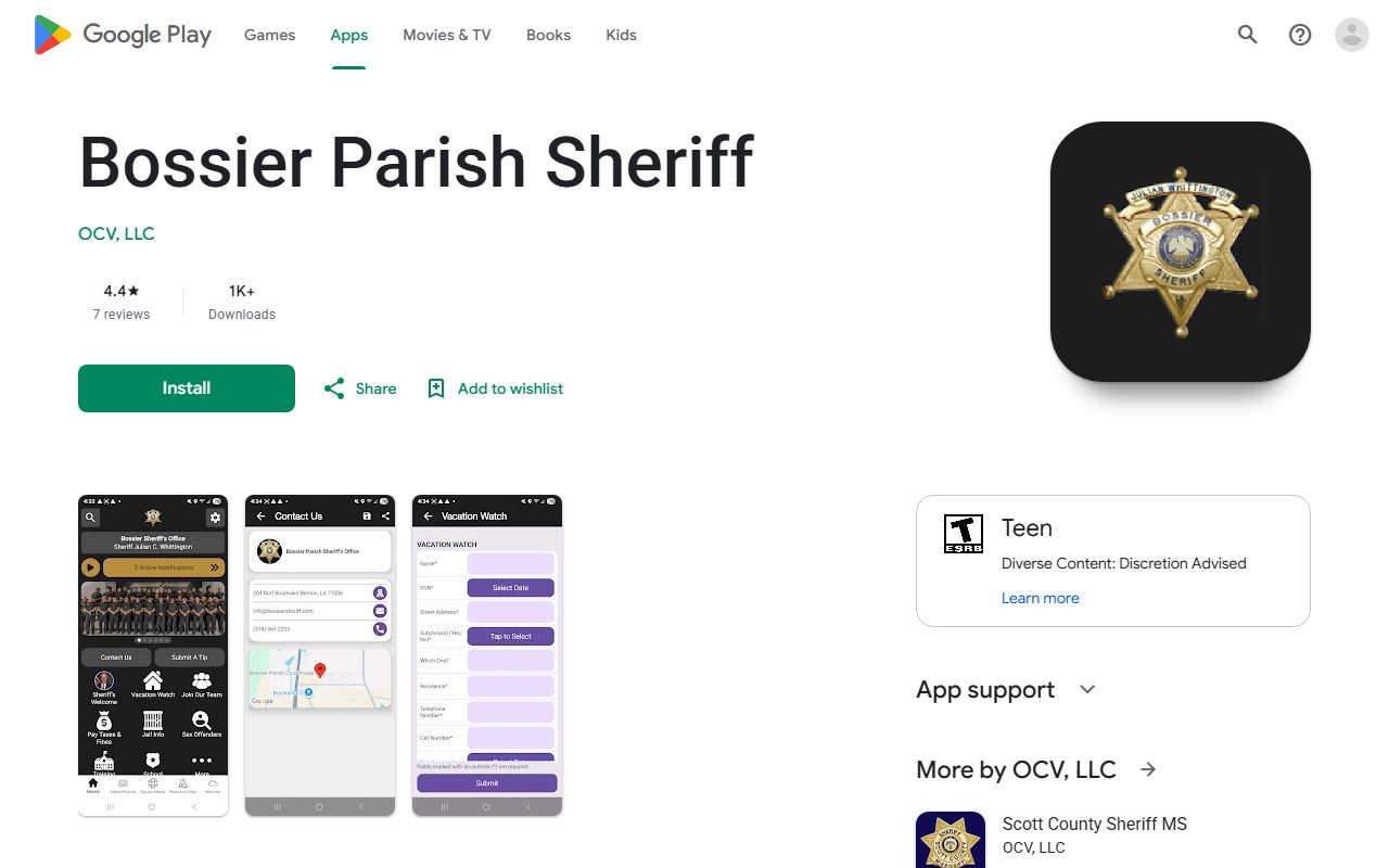 Bossier Parish warrant records sheriff app Google Play listing