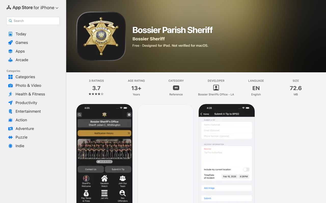 Bossier Parish warrant records sheriff app Apple listing